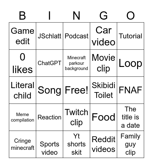 YouTube shorts Bingo Card