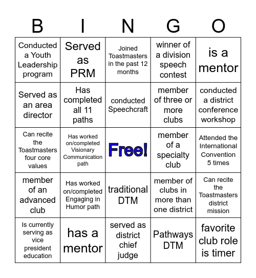 Region 5 Toastmasters Bingo Card