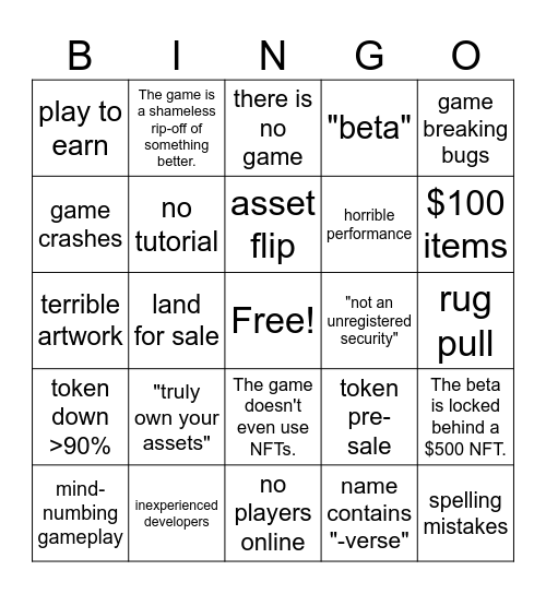 Worst NFT Game Ever? Bingo Card