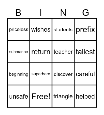 Prefix Bingo Card