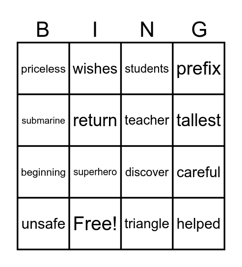 Prefix Bingo Card