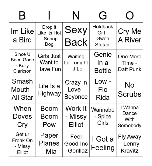 2000s Hits! Bingo Card