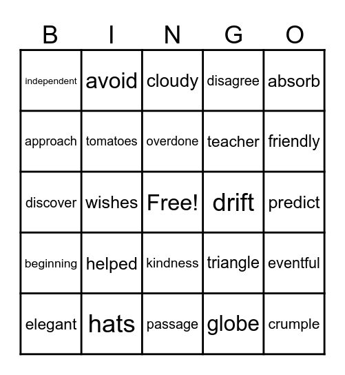Prefix or Suffix? Bingo Card