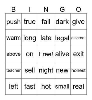 Opposites Bingo Card