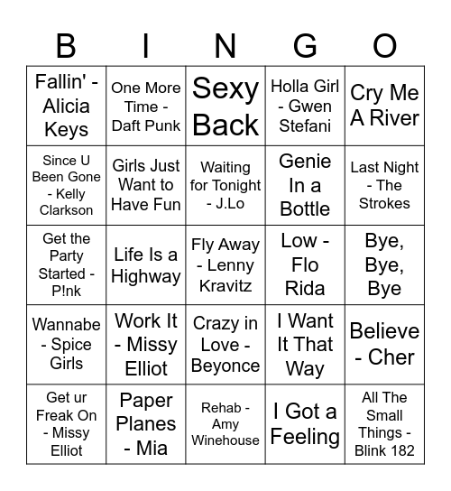 2000s Hits! Bingo Card