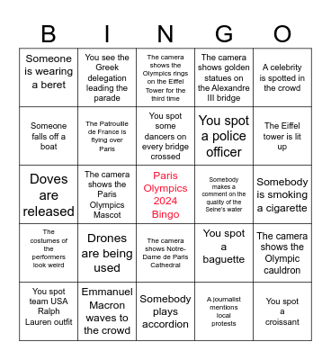 Paris Olympics 2024 Watch Party Bingo Card