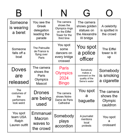 Paris Olympics 2024 Watch Party Bingo Card