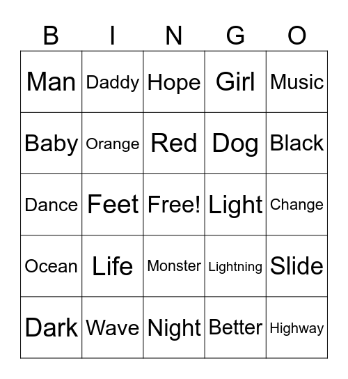 Song Lyrics Bingo Card