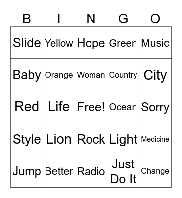 Song Lyrics Bingo Card