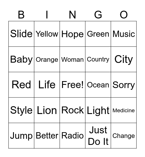 Song Lyrics Bingo Card