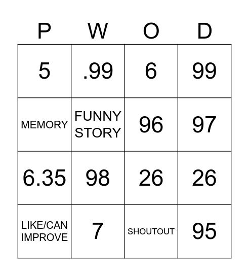 Untitled Bingo Card