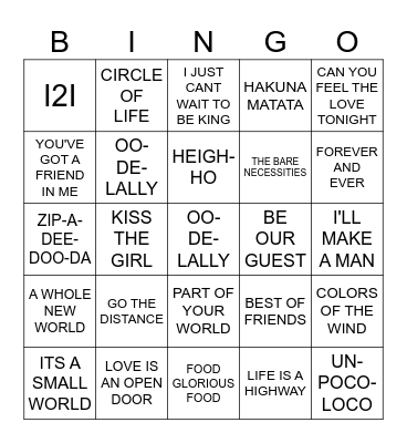 DISNEY PIXAR SONGS Bingo Card