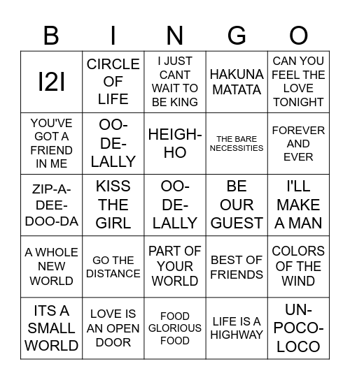 DISNEY PIXAR SONGS Bingo Card