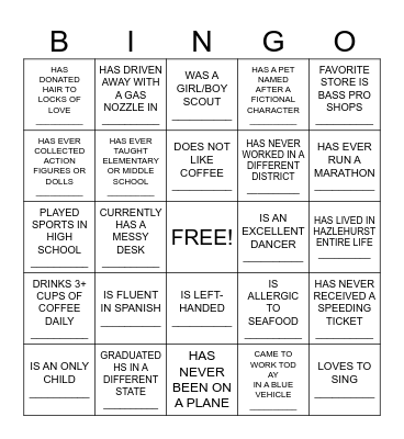 Employee Bingo Card