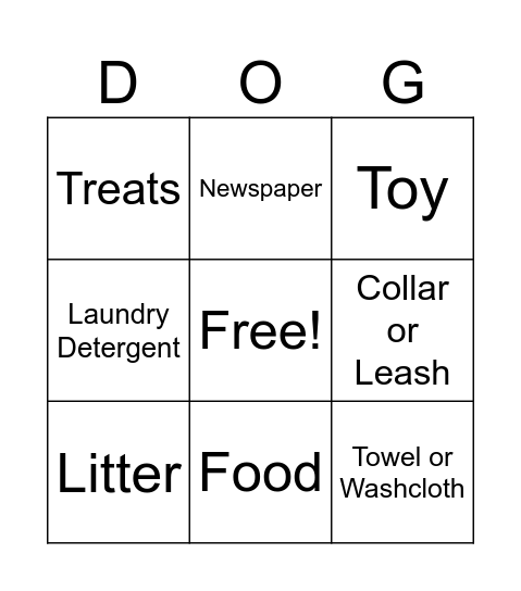 Animal Shelter Bingo Card