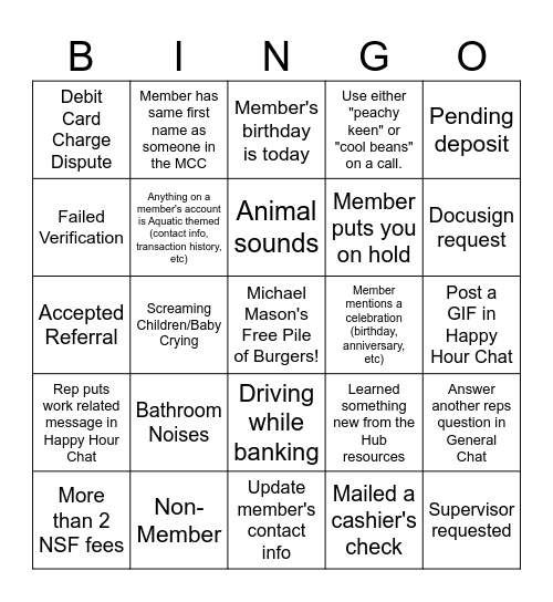 Call Center Bingo Card