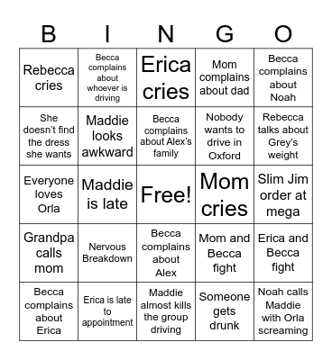 Dress Shopping Bingo Card