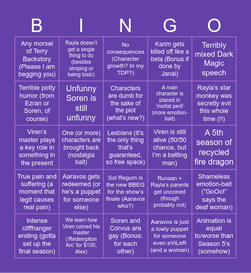 The Dragon Prince S6 Predictions Bingo Card