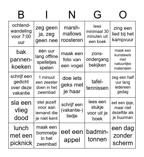 Vakantie op Bingo Card