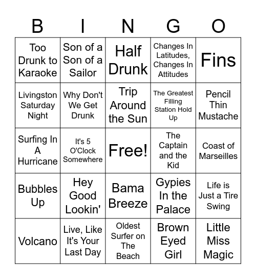 JIMMY BUFFET Bingo Card