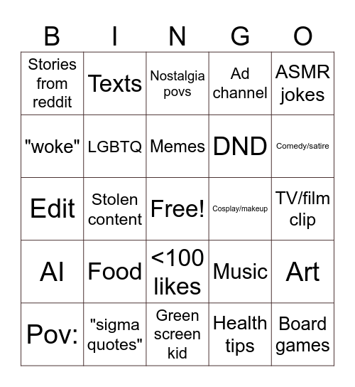 Yt shorts bingo Card