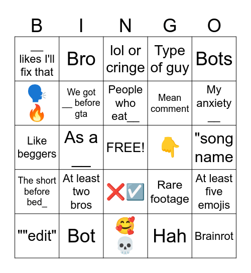 YouTube short comments Bingo Card