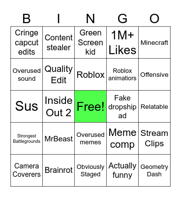 Youtube Shorts Bingo Card