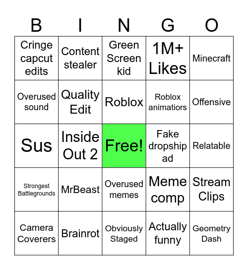 Youtube Shorts Bingo Card