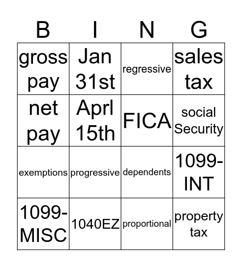 Taxes Bingo Card
