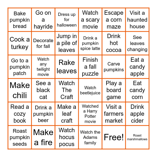 Fall Bingo! Bingo Card