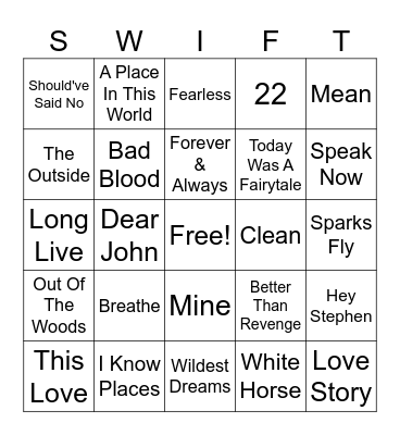 Taylor Swift Bingo Card