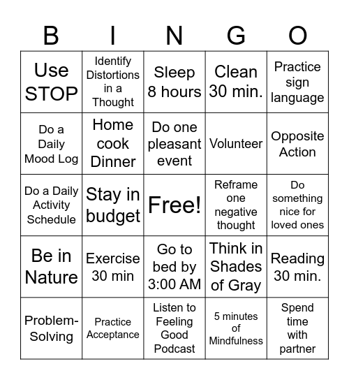 DBT Bingo Tasks SB Bingo Card