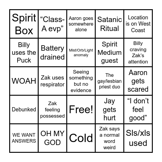 Ghost Adventures Bingo Card