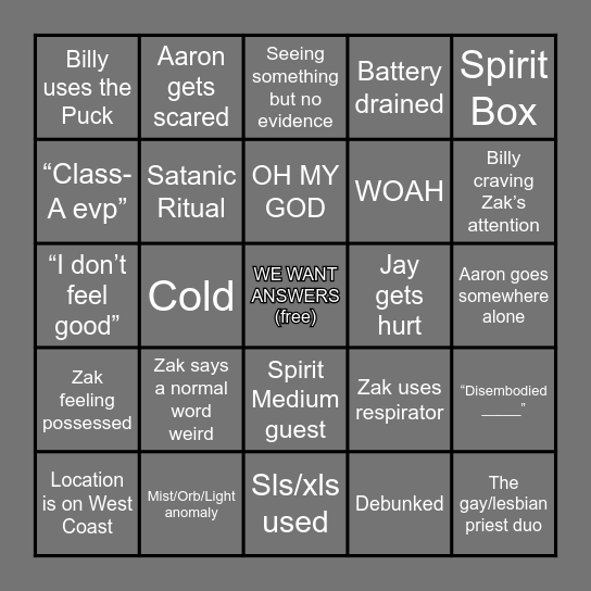 Ghost Adventures Bingo Card