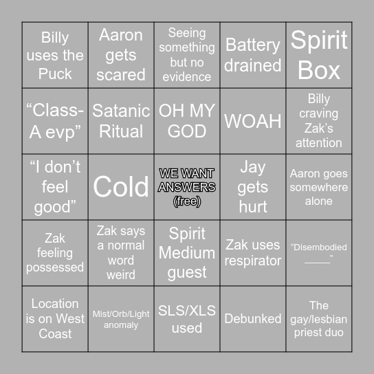 Ghost Adventures Bingo Card