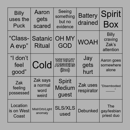 Ghost Adventures Bingo Card