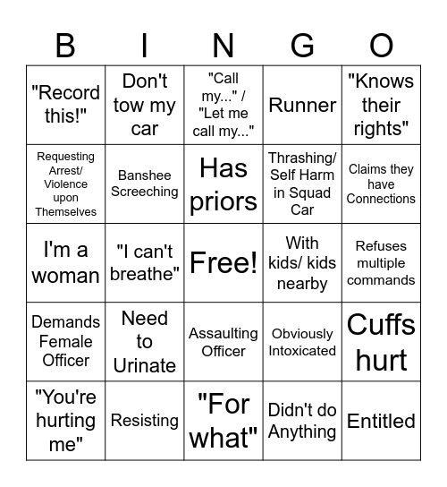 Bodycam Bingo Card