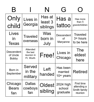 Smith Family Reunion Bingo Card