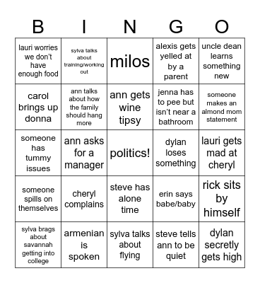 Family Fun Time Bingo Card