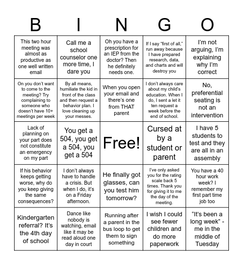 School Psych Bingo Card