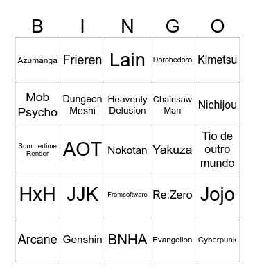 Bingo Anime Friends Bingo Card