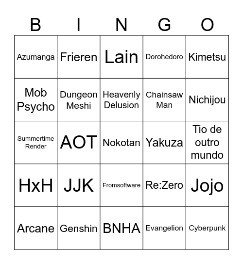 Bingo Anime Friends Bingo Card