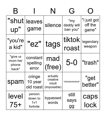 fps rage bingo Card