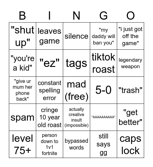 fps rage bingo Card