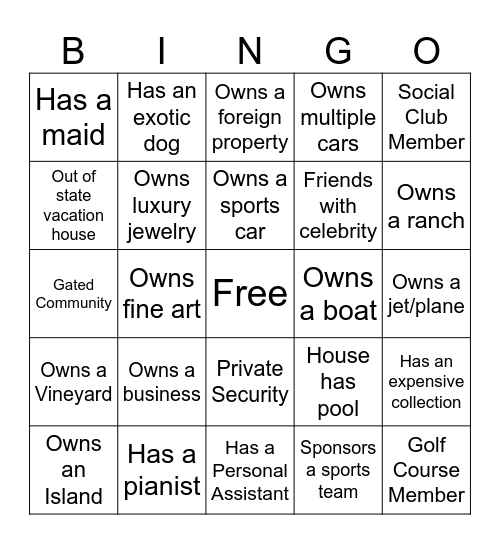 Wealthy guy bingo Card