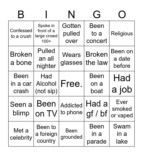 Minor Life Experience Bingo Card