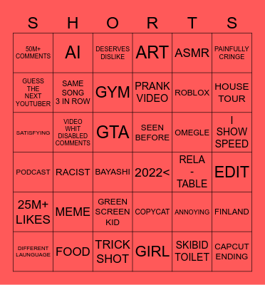 Youtube shorts bingo Card