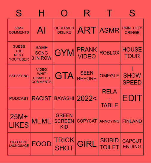 Youtube shorts bingo Card