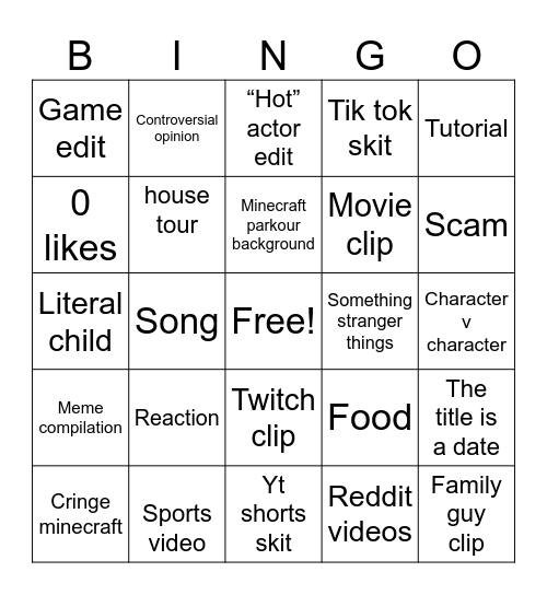 YouTube shorts Bingo Card