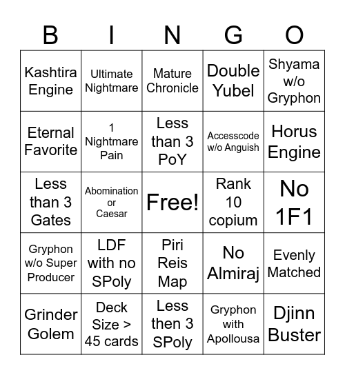Yubel Bingo Card